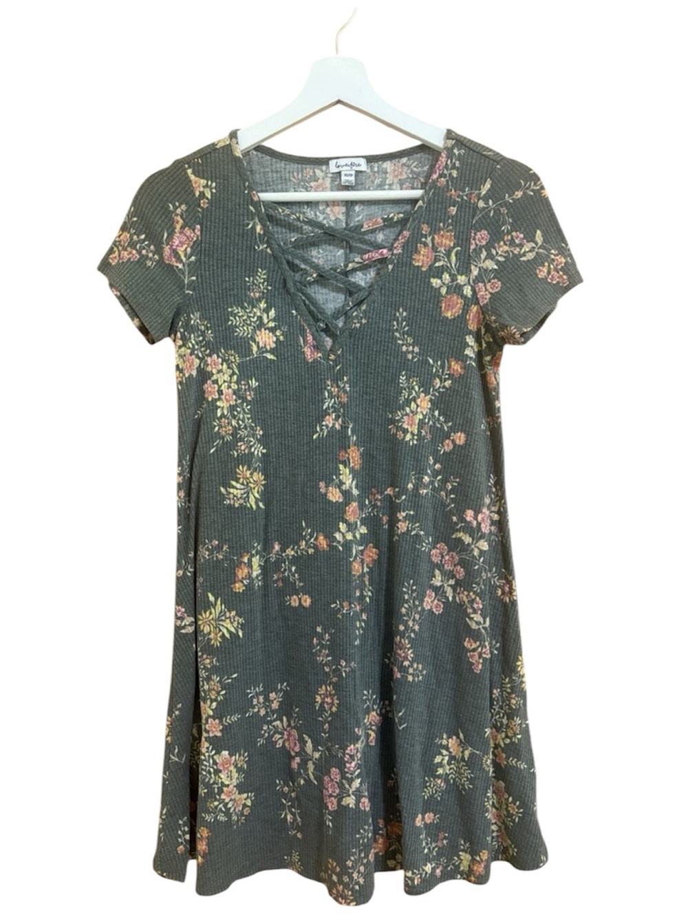 Nordstrom Size XS Grey Ribbed Floral Mini Dress